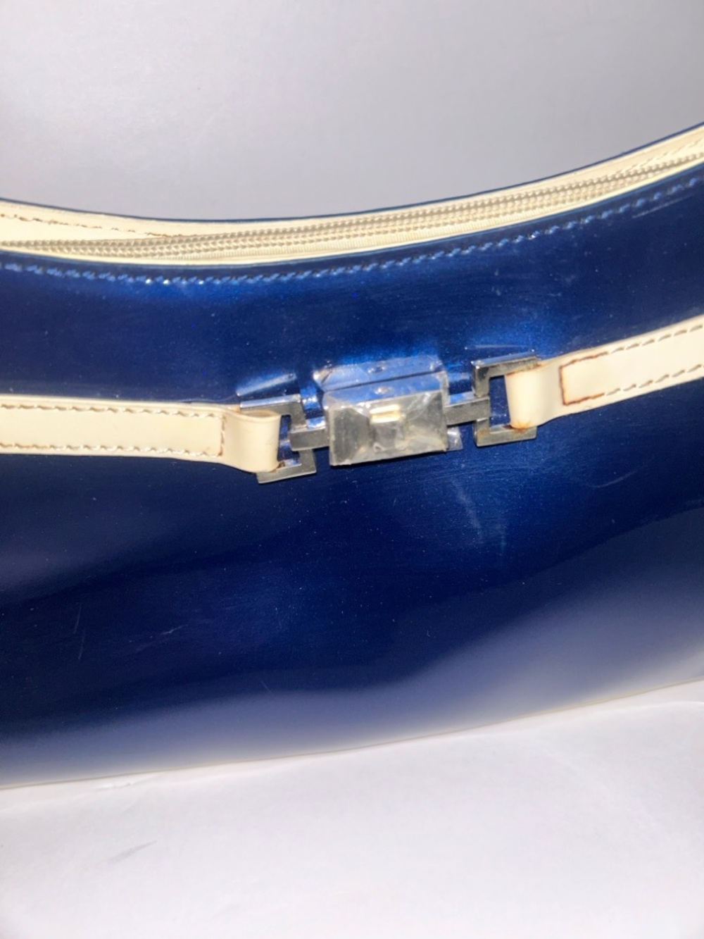 Metallic Navy Blue and Cream Women's Beijo Shoulder Bag